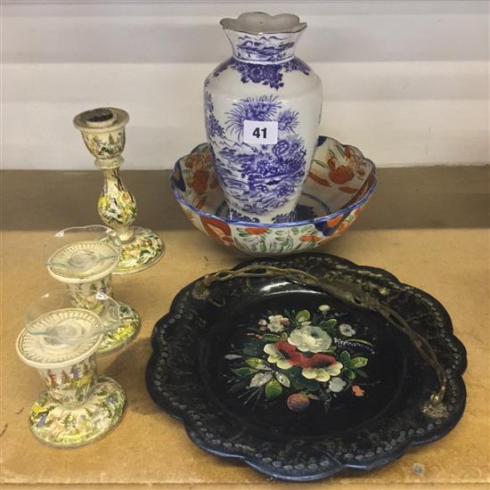 Japanese bowl and vase and a papier mache basket etc.